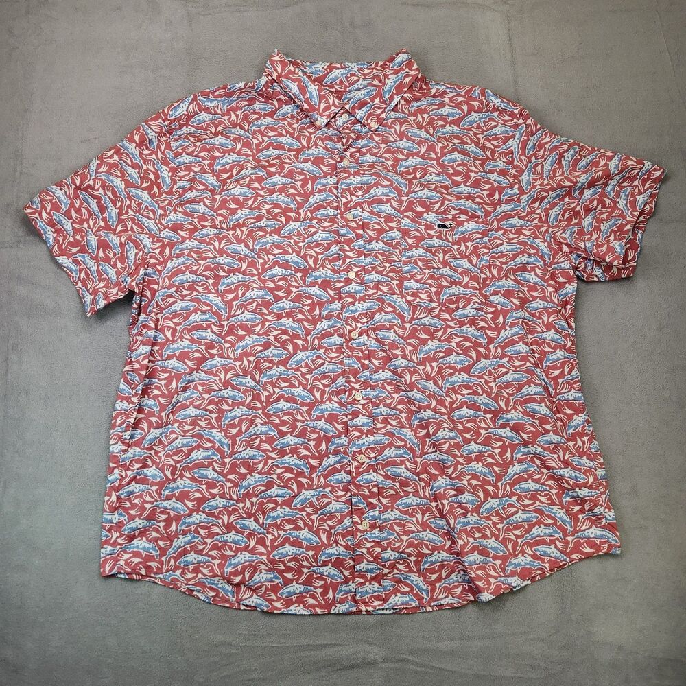 Vineyard Vines Classic Fit Tucker Shirt Men 2XB Red All Over Sharks Short Sleeve